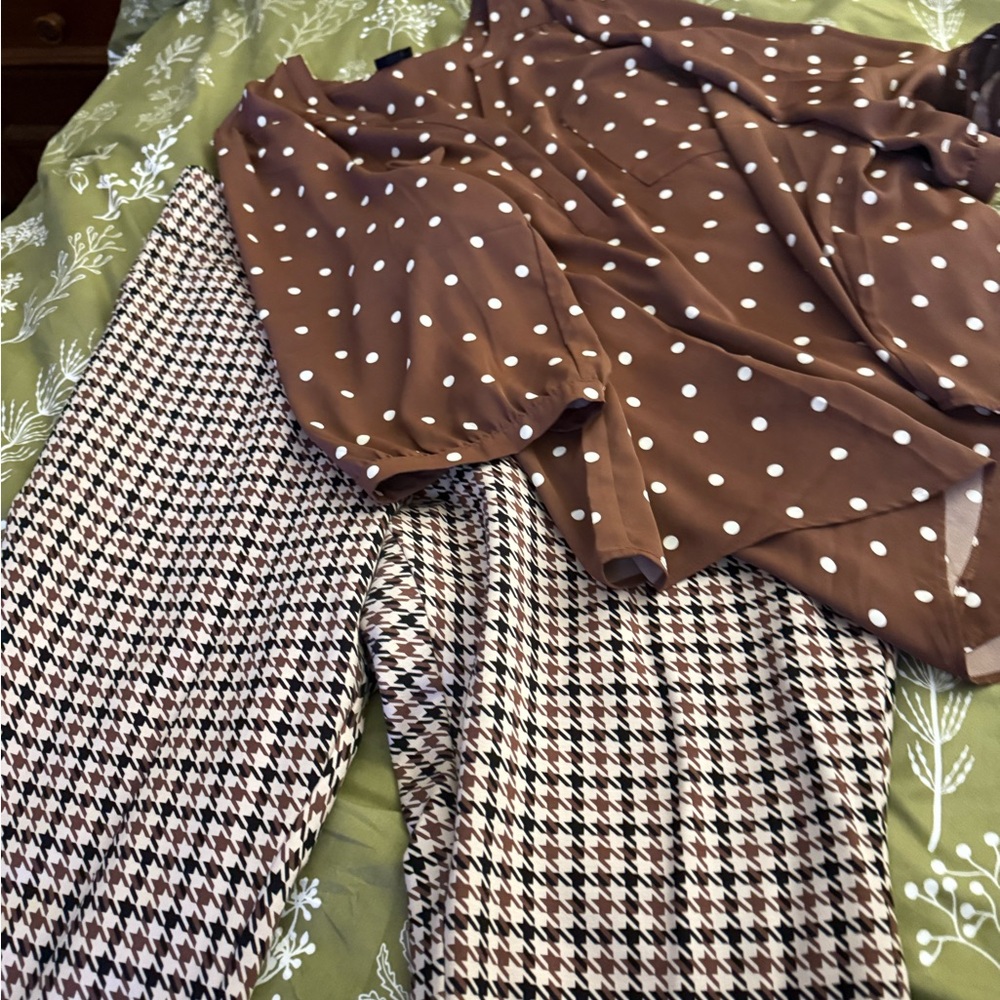 Torrid Brown Polka Dot Blouse and houndstooth pattern pull on pants